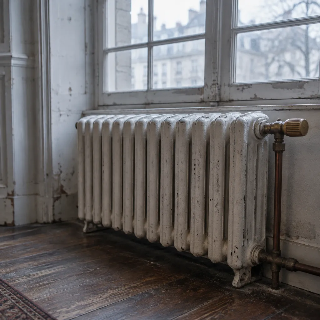 Radiateur en fonte à colonnes sous une fenêtre ancienne, peinture blanche épaisse et robinet en laiton