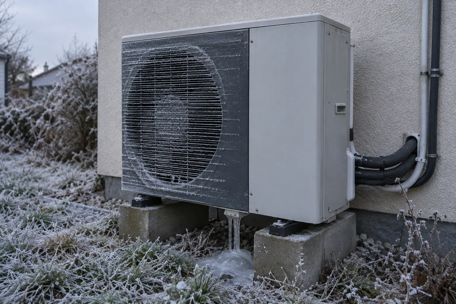Unité extérieure de pompe à chaleur contre un mur de maison par temps de gel, givre sur la grille du ventilateur et condensat gelé sous l'appareil